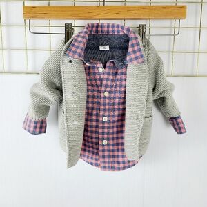 Gap Baby Brannan Bear Pink Blue Gray Sweater Checkered Button-Down Set